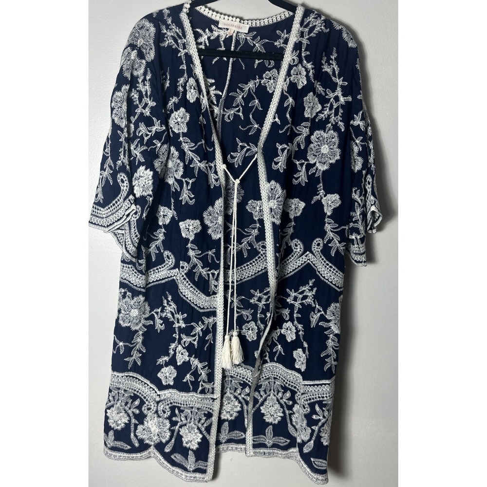 Anthropologie Solitaire Large Embroidered Cream Navy Front Open Tie Cardigan